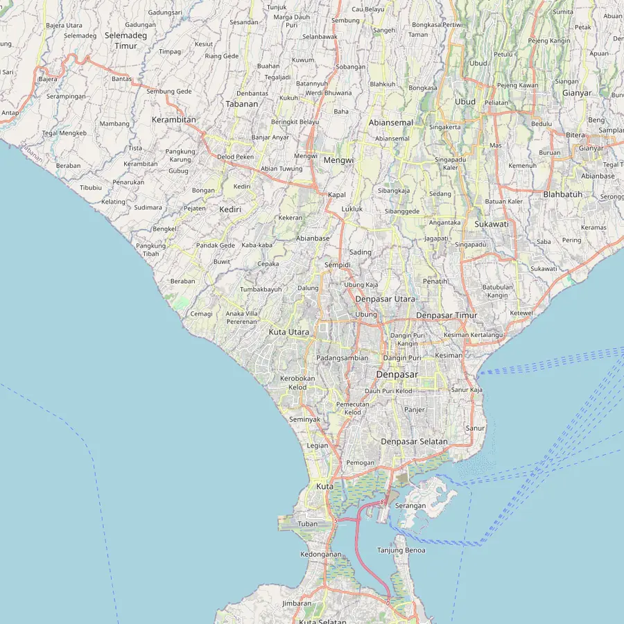 Map of south Bali from Tanah Lot on the west coast east to Kediri, Canggu, Seminyak, Kuta, Ngurah Rai Airport, Denpasar and north-east to Ubud
