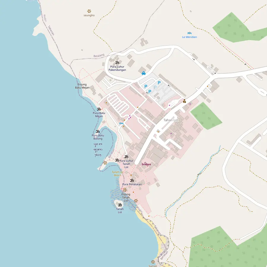 Street map of the Tanah Lot shore with Tanah Lot on its rock, Pura Penataran, Pura Jro Kandang, Pura Enjung Galuh, Pura Batu Bolong, Pura Batu Mejan, Pura Luhur Pakendungan and the ticket counter